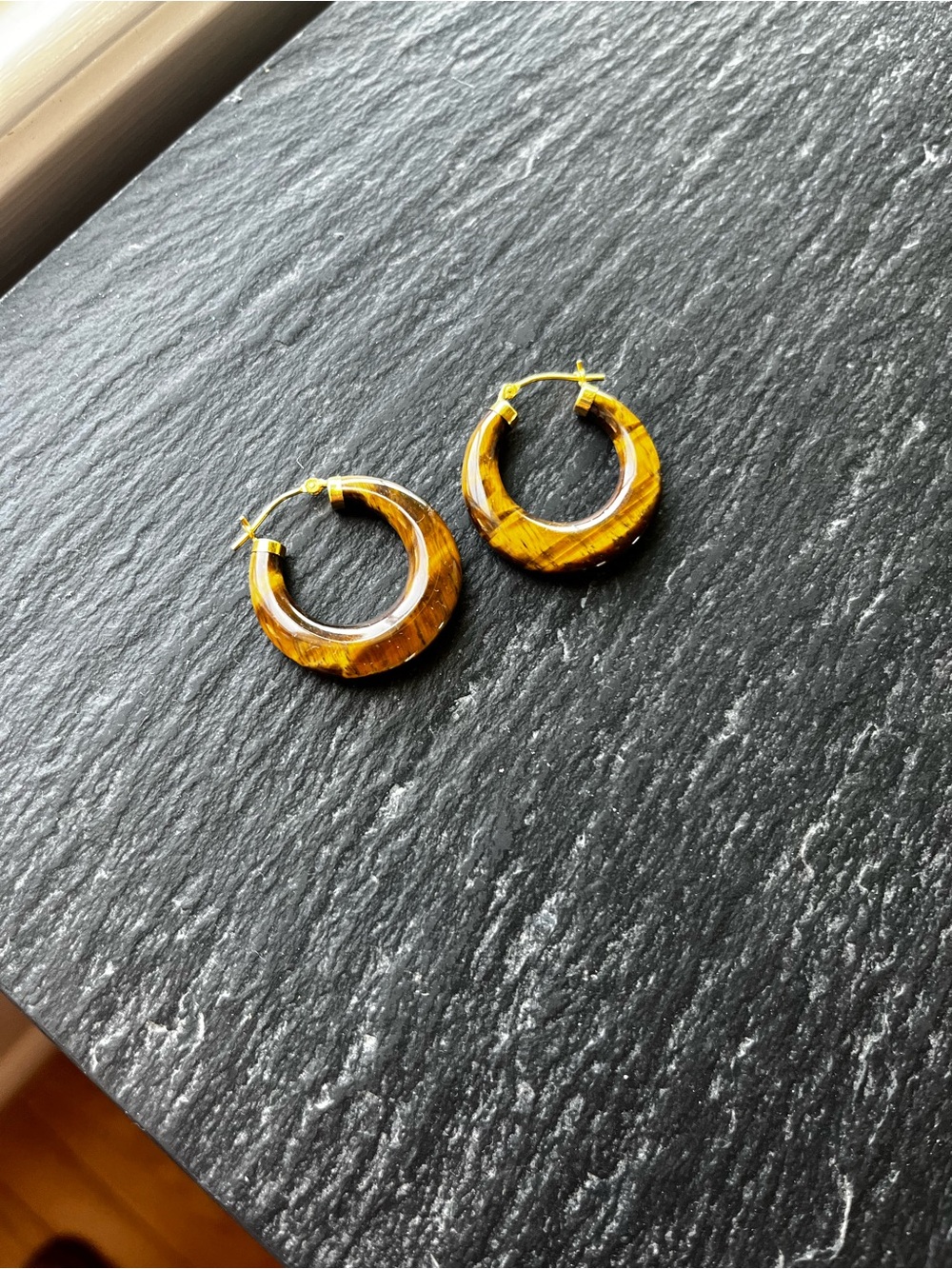 Tiger Eye Hoop Earrings with 14k gold caps - Brown Swirl Hoops